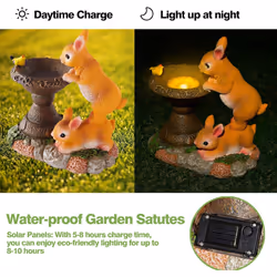 Solar Rabbit Bird Bath Garden Ornaments Outdoor Lights Statue Waterproof Decor