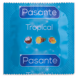 Pasante Tropical 144, Male condom, Smooth, Blue, Transparent, Latex, 53 mm, 190 mm