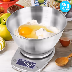 Duronic KS5000 SR/SS Digital Kitchen Scales, 2L Weighing Bowl, 5kg Capacity, LCD Backlit Display, Add & Weigh Tare Function, 1g Precision (Silver)