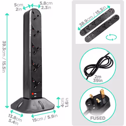 Duronic ST12B 12-Way Extension Tower, 12-Gang Power Strip Lead with Surge & Spike Protector, Max. 3000W Capacity, 2 Metre/200cm Power Cable (black)