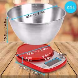 Duronic KS5000 RD/SS Digital Kitchen Scales, 2L Weighing Bowl, 5kg Capacity, LCD Backlit Display, Add & Weigh Tare Function, 1g Precision (Red)
