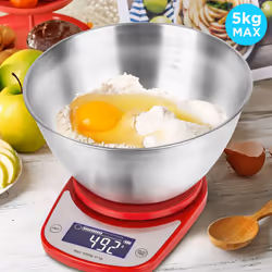 Duronic KS5000 RD/SS Digital Kitchen Scales, 2L Weighing Bowl, 5kg Capacity, LCD Backlit Display, Add & Weigh Tare Function, 1g Precision (Red)
