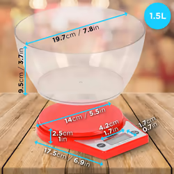 Duronic KS6000 RD/CR Digital Kitchen Scales, 2L Weighing Bowl, 5kg Capacity, LCD Backlit Display, Add & Weigh Tare Function, 1g Precision (Red)