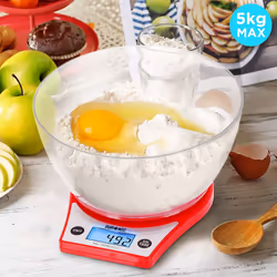 Duronic KS6000 RD/CR Digital Kitchen Scales, 2L Weighing Bowl, 5kg Capacity, LCD Backlit Display, Add & Weigh Tare Function, 1g Precision (Red)
