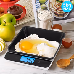 Duronic KS100 /BK Digital Kitchen Scales, 1.2L Weighing Bowl, 5kg Capacity, LCD Backlit Display, Add & Weigh Tare Function, 1g Precision (Black/White)