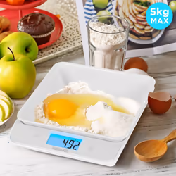 Duronic KS100 /WH Digital Kitchen Scales, 1.2L Weighing Bowl, 5kg Capacity, LCD Backlit Display, Add & Weigh Tare Function, 1g Precision (White/White)