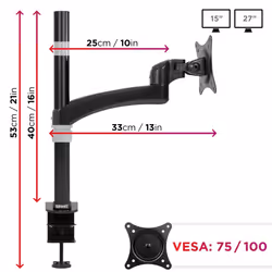 Duronic DM451X2 Single Monitor Stand for 15-27â PC Screen Up to 8KG, VESA Bracket, Ergonomic Arm with Adjustable Height/Tilt/Swivel/Rotation (Black)