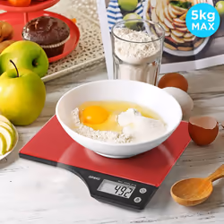 Duronic KS350 Digital Kitchen Scales, 5kg Weighing Capacity, Glass Platform, LCD Display, Add & Weigh Tare Function, 1g Precision (Red)