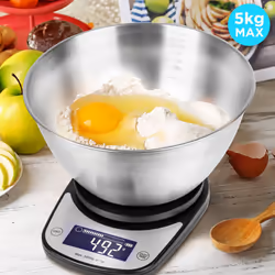 Duronic KS5000 BK/SS Digital Kitchen Scales, 2L Weighing Bowl, 5kg Capacity, LCD Backlit Display, Add & Weigh Tare Function, 1g Precision (Black)
