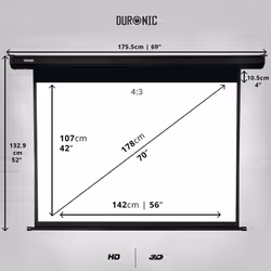 Duronic EPS70/43 70" Electric Projector Screen, 70 Inch Wall Mountable HD Projector Screen, 4:3 Ratio, Matte White +1 Gain Factor (142x107cm/56x42in)