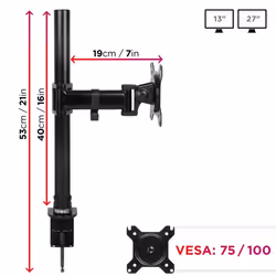 Duronic DM251X2 Single Monitor Stand for 13-27â PC Screen Up to 8KG, VESA Bracket, Ergonomic Arm with Adjustable Height/Tilt/Swivel/Rotation (Black)
