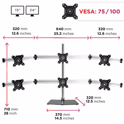 Duronic DM756 Sextuple Monitor Stand for Six 15-24â PC Screens Up to 8KG, VESA, Freestanding Arm, Adjustable Height/Tilt/Swivel/Rotation (Black)