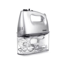 Duronic HM4  /SR Electric Hand Mixer, 5 Speeds, 400W, 5 Attachments: 2 Beaters/2 Dough Hooks/1 Whisk, All-in-One with Built-In Storage Case (silver)