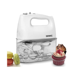 Duronic HM4  /W Electric Hand Mixer, 5 Speeds, 400W, 5 Attachments: 2 Beaters/2 Dough Hooks/1 Whisk, All-in-One with Built-In Storage Case (white)
