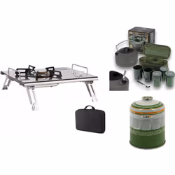 Folding Cassette Stove Portable Camping +Kettle Brew Kit Set 2 Cups 3 Pots 1 GAS