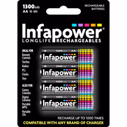 Infapower AA 1300mAh, Rechargeable battery, AA, Nickel-Metal Hydride (NiMH), 1.2 V, 4 pc(s), 1300 mAh
