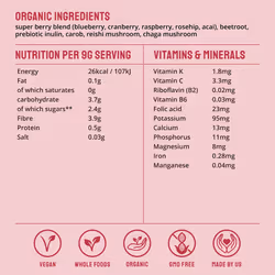 Organic Vegan Reds Powder | 270g | Super Reds Blend | with Blueberry Cranberry Raspberry Rosehip Acai Beetroot Prebiotic