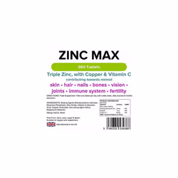 Lindens Zinc Max Tablets | 360 Pack | Provides 300% NRV dose and Fortified with Vitamin C & Copper to contribute Towards Healthy Hair, Skin, Nails,...