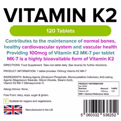 Vitamin K2 100mcg, 120 Tablets, Lindens Health + Nutrition