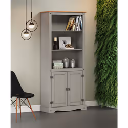 Corona Grey Wax 2 Door Bookcase Storage Solid Wood Shelving Furniture