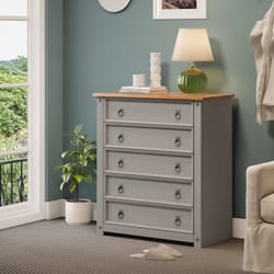 Corona Grey Wax Small 5 Drawer Chest Solid Pine bedroom Furniture