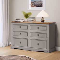 Corona Grey Wax Low 3+3 Wide Chest Solid Pine Bedroom Furniture
