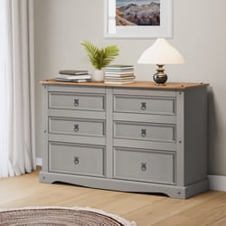 Corona Grey Wax Low 3+3 Wide Chest Solid Pine Bedroom Furniture