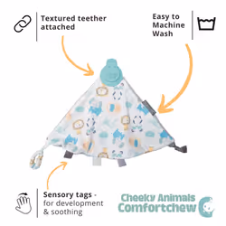 Soft Baby Comforter | 4 in 1 Comfortchew | Baby Teething Aid & Sensory Toy | Silicone Teething Section | Soothing + Comforting| Cheeky Animals