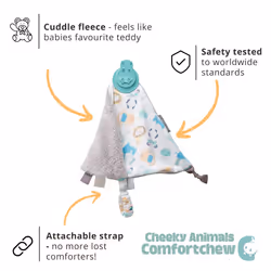 Soft Baby Comforter | 4 in 1 Comfortchew | Baby Teething Aid & Sensory Toy | Silicone Teething Section | Soothing + Comforting| Cheeky Animals