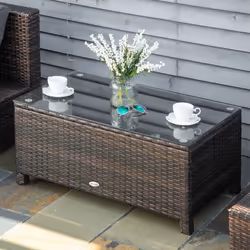 Outsunny Garden Rattan Side Table,Wicker Coffee Desk, Glass Top, Mixed Brown