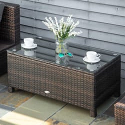 Outsunny Garden Rattan Side Table,Wicker Coffee Desk, Glass Top, Mixed Brown