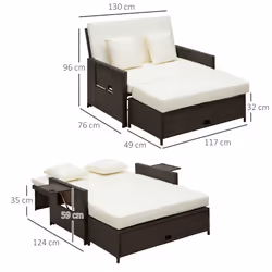Outsunny Garden Rattan Furniture Set 2 Seater Patio Sun Lounger Daybed Sun Bed - Additional view 7