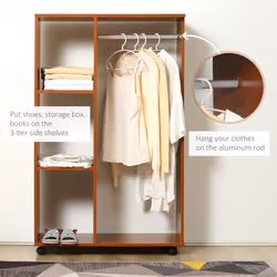HOMCOM Rolling Open Wardrobe Hanging Rail Storage Shelves for Clothes, Walnut - Additional view 11