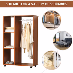 HOMCOM Rolling Open Wardrobe Hanging Rail Storage Shelves for Clothes, Walnut - Additional view 6