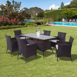 Outsunny Rattan Dining Set for 6 with Cushions, Glass Top Table, Brown