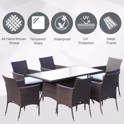 Outsunny Rattan Dining Set for 6 with Cushions, Glass Top Table, Brown