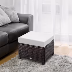 Outsunny Rattan Footstool Wicker Ottoman w/ Padded Seat for Backyard Garden