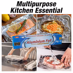 Heavy Duty Kitchen Foil - 30cm x 50m - Non-Stick Aluminium Foil with Built in Cutting Edge - Ideal Tin Foil Roll for Food Storage Cooking Grilling,