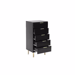 Black Gloss Chest of Drawers, Gold Handles & Legs, 5 Drawer