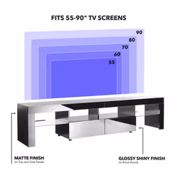 Modern Black 200cm Matt Gloss TV Stand Cabinet Suitable for 55 - 80 Inch 4K LED Flat Screen TV's Glass Shelves