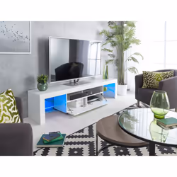 Modern White 200cm Matt Gloss TV Stand Cabinet Suitable for 55 - 80 Inch 4K LED Flat Screen TV's Glass Shelves