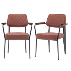 MMT Vintage Dining Chairs Set of 2, Tan with Wooden Arm Rest & Retro Stitch Design for Elegant Dining (Tan)