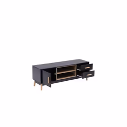 MMT Black TV Stand, 130cm Scandi Style Cabinet with Storage Cupboards, Drawers, and Open Storage for TVs Up to 65"