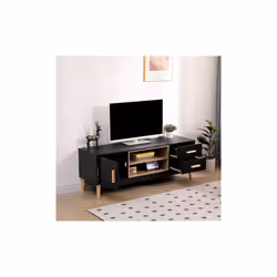 MMT Black TV Stand, 130cm Scandi Style Cabinet with Storage Cupboards, Drawers, and Open Storage for TVs Up to 65"