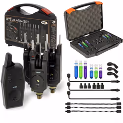 NGT 3pc Carp Fishing VS Bite Alarm Set With Receiver + Indicator Bobbins Hangers