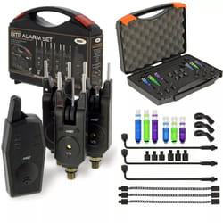 NGT 3pc Carp Fishing VS Bite Alarm Set With Receiver + Indicator Bobbins Hangers
