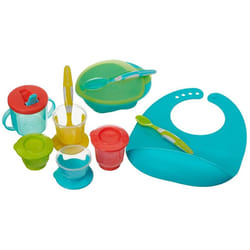 vital baby NOURISH Start weaning kit pop Includes Scoop Feeding Set Spoons Store Wean pots Silicone bib and a Free Flow Cup, Multicoloured
