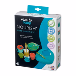 vital baby NOURISH Start weaning kit pop Includes Scoop Feeding Set Spoons Store Wean pots Silicone bib and a Free Flow Cup, Multicoloured