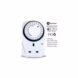Defender 24 Hour Segment Timer Switch - Energy Saver Plug Standard Size - Hour Plug-in Timer Socket Set - 240v 3 Pin Plug with Programmable Time