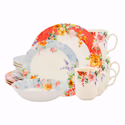 TUDOR ROYAL 16-Piece Round Porcelain Dinnerware Set Service for 4 CRIMSON Design Multicolor Floral Plates Bowls Mugs Dishes P ...